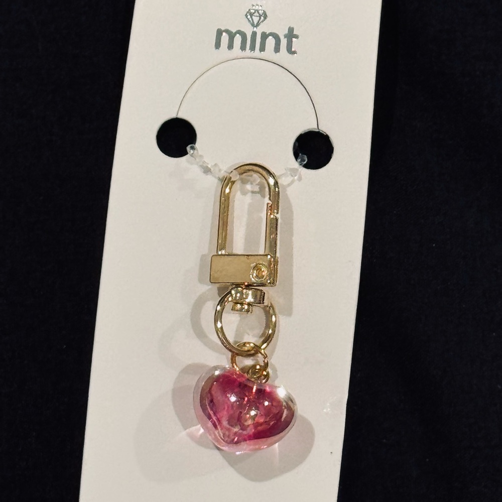 BAG CHARM Mint Gold and Iridescent Pink Heart Keychain Zipper Pull
